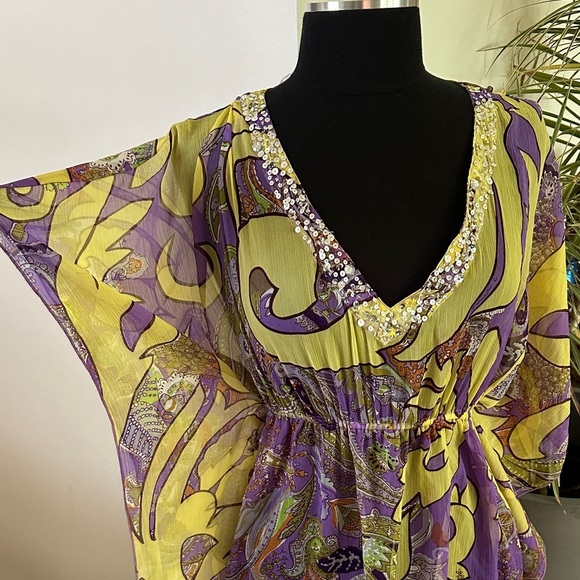 Folia Swim Sheer Beach Cover-Up Yellow and Purple Dress with Sequin Detail - Med - Picture 2 of 10